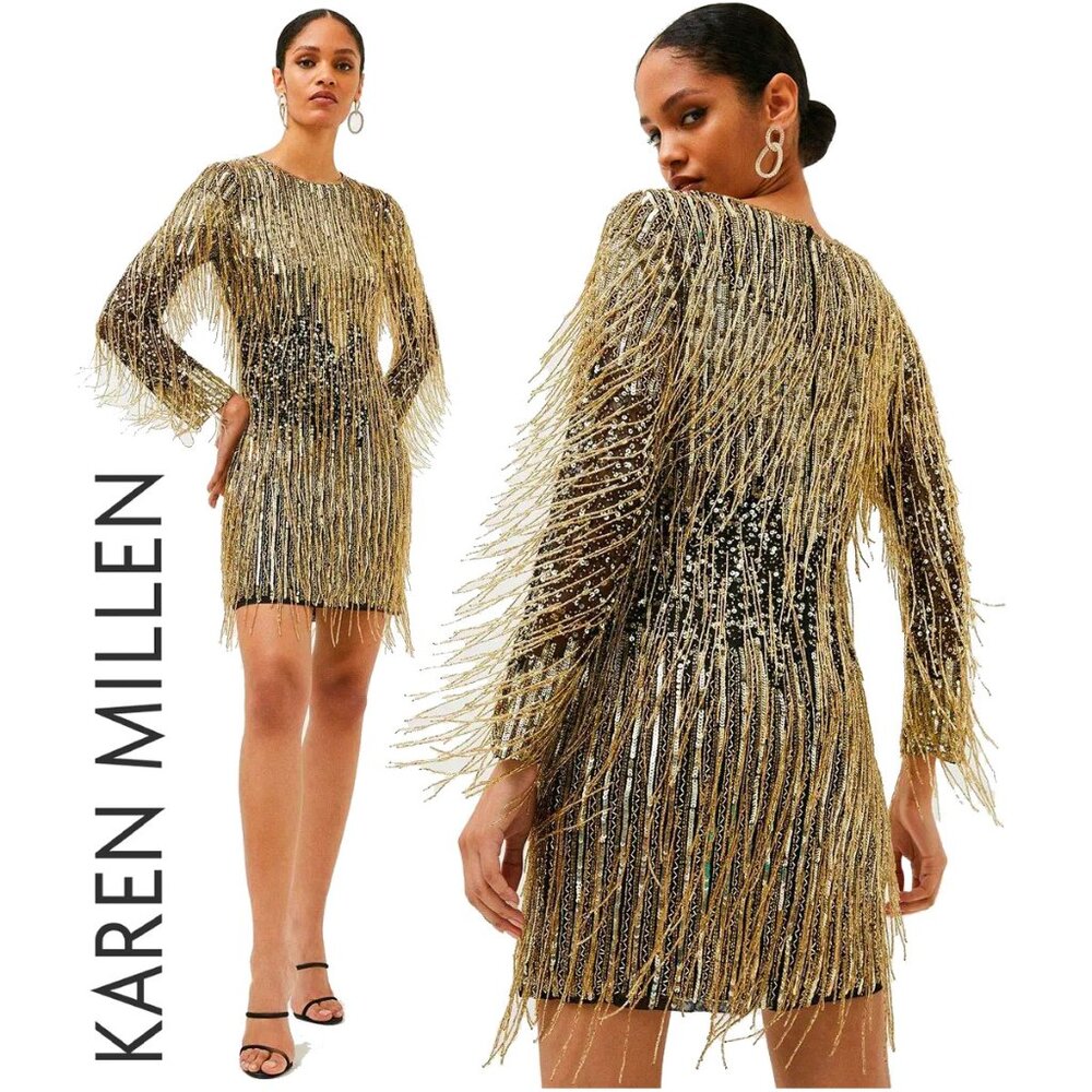 💋SHOWSTOPPER!💋 Roaring 20s Vibe Beaded Sequned Fringed Dress Gold & Black